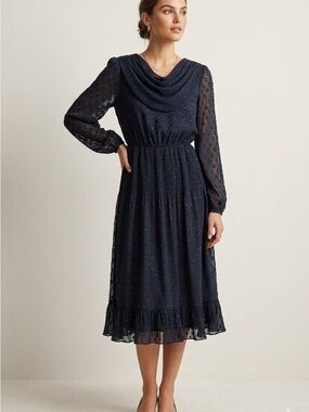 Japan Vintage Navy Blue Cowl Neck Shimmer Pleated Midi Dress size S-M